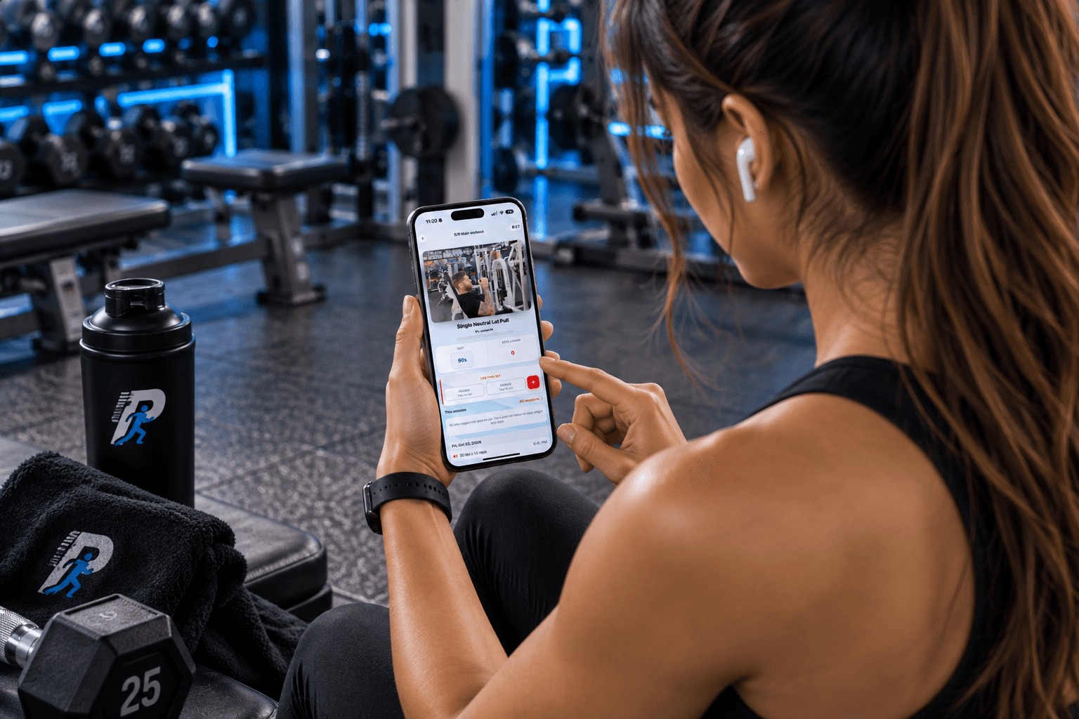 Client tracking a workout in the PrimeCoach app at the gym